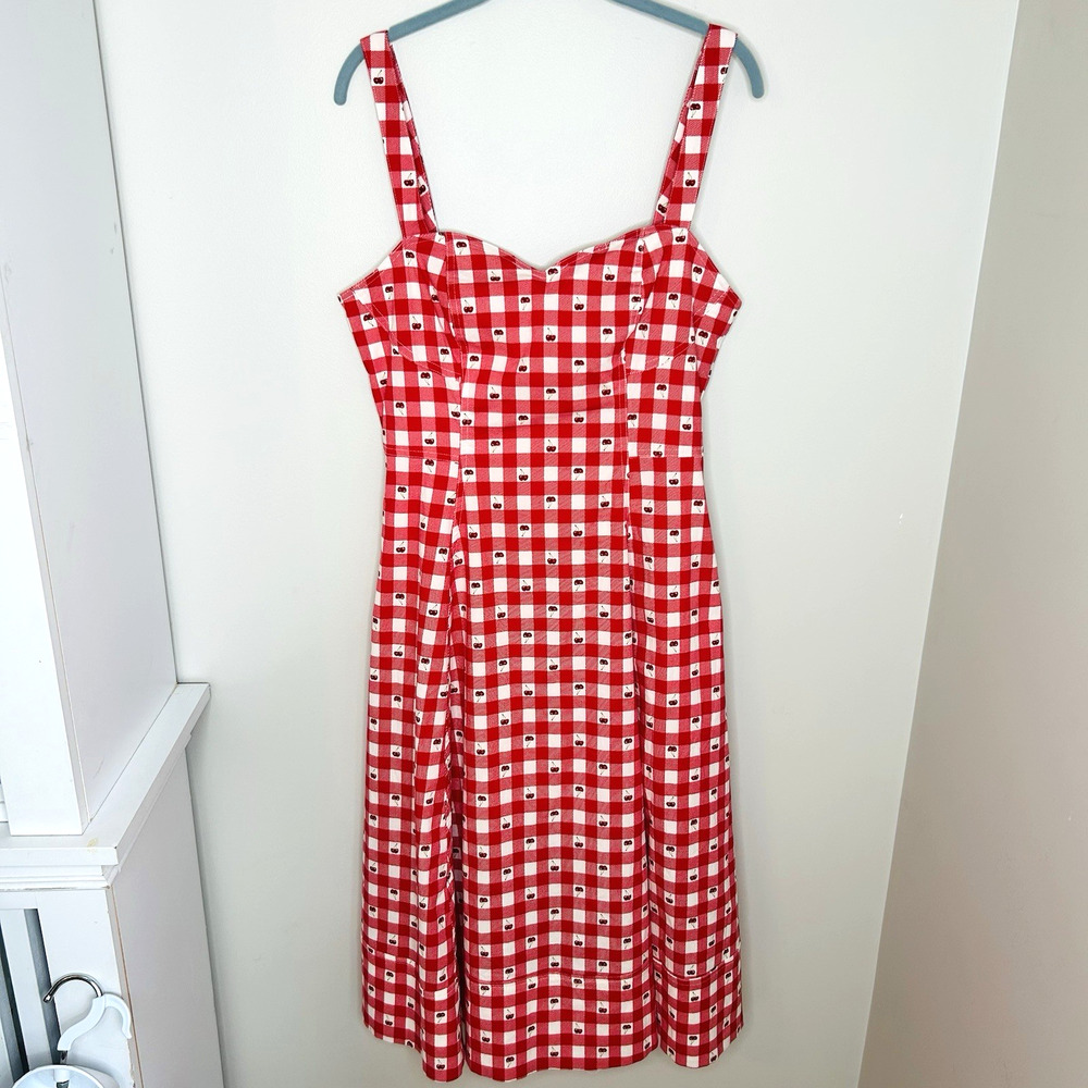 Cherry Print Gingham Midi Dress 8 Red White Avec Les Filles Pinup Full Skirt NWT